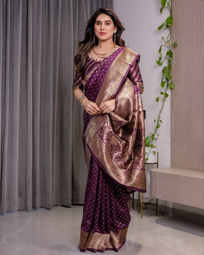 Rich Purple Banarasi Soft Silk Saree With Gold Zari Borders for Women