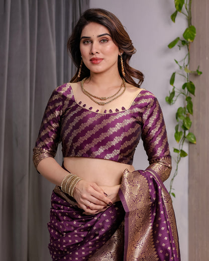 Rich Purple Banarasi Soft Silk Saree With Gold Zari Borders for Women
