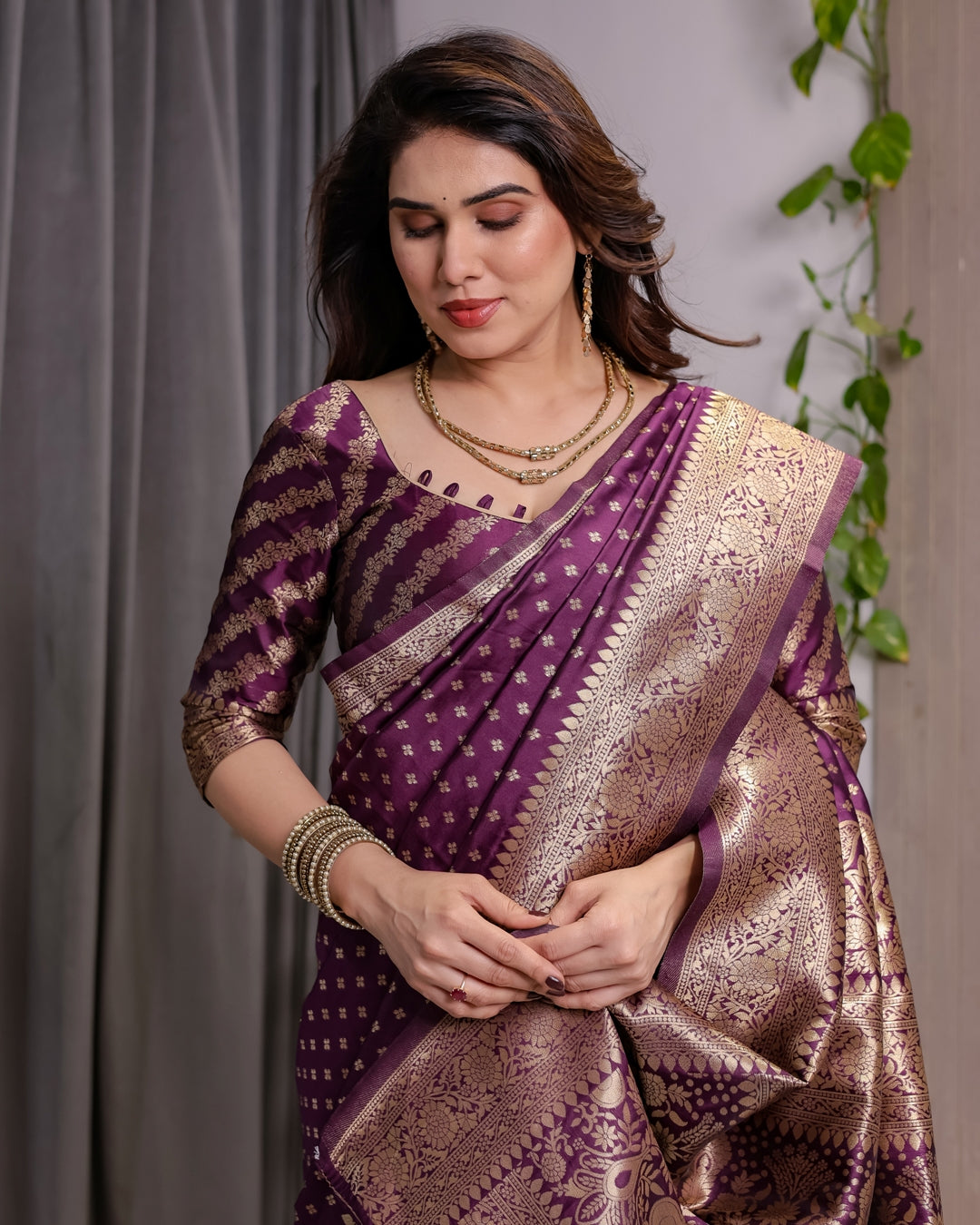 Rich Purple Banarasi Soft Silk Saree With Gold Zari Borders for Women