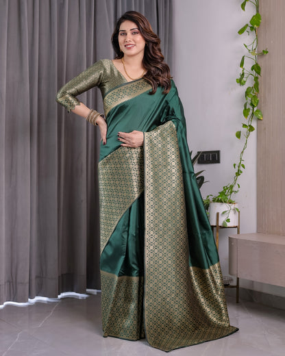 Deep Green Banarasi Soft Silk Saree With Golden Zari Border for Women