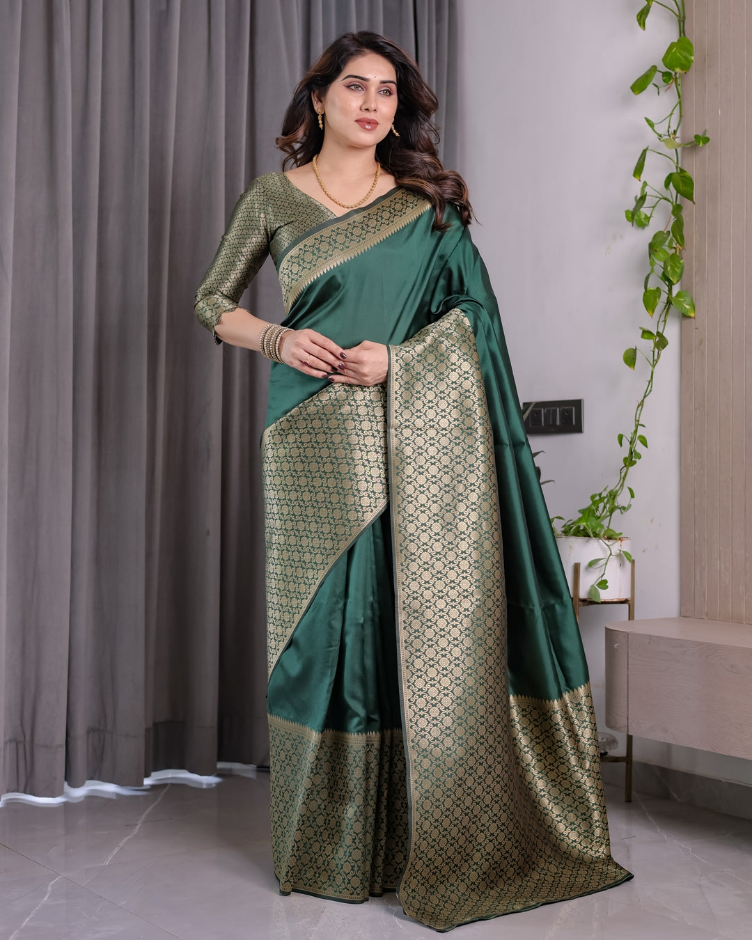 Deep Green Banarasi Soft Silk Saree With Golden Zari Border for Women
