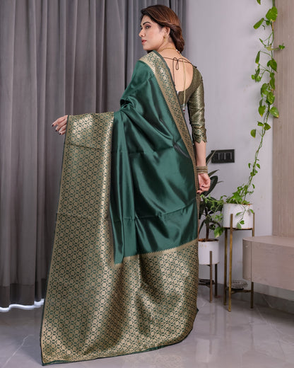 Deep Green Banarasi Soft Silk Saree With Golden Zari Border for Women