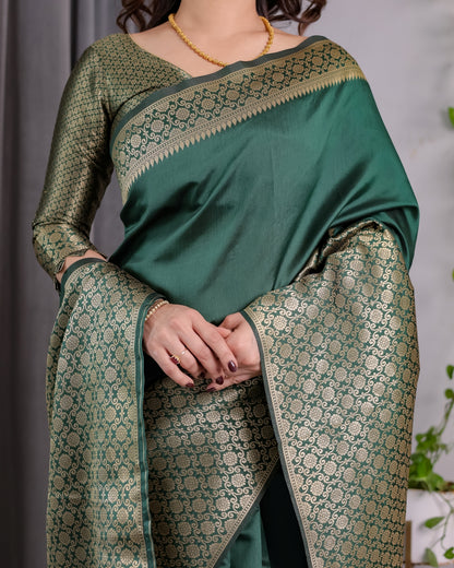 Deep Green Banarasi Soft Silk Saree With Golden Zari Border for Women