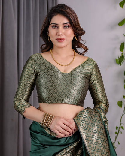 Deep Green Banarasi Soft Silk Saree With Golden Zari Border for Women