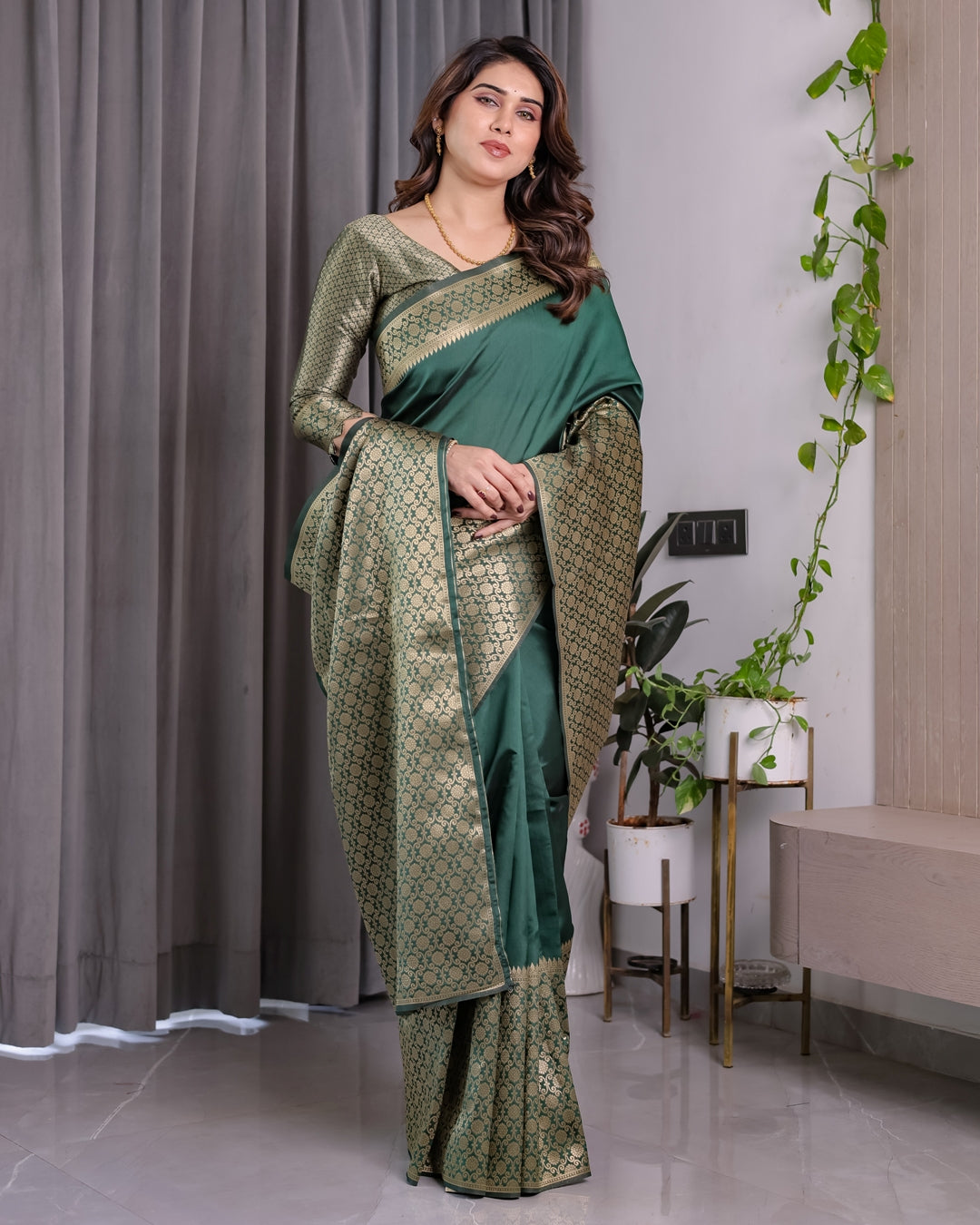 Deep Green Banarasi Soft Silk Saree With Golden Zari Border for Women