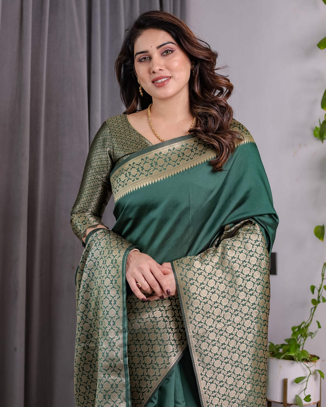 Deep Green Banarasi Soft Silk Saree With Golden Zari Border for Women