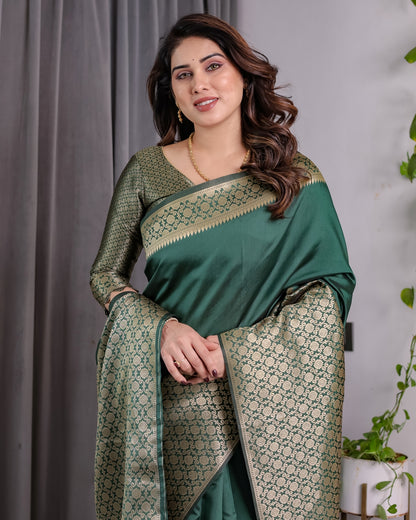 Deep Green Banarasi Soft Silk Saree With Golden Zari Border for Women