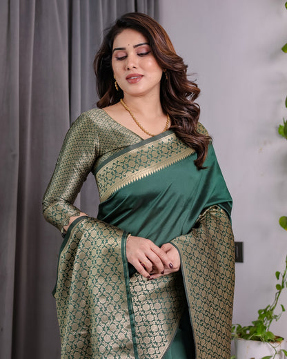 Deep Green Banarasi Soft Silk Saree With Golden Zari Border for Women