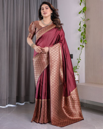 Wine Maroon Banarasi Soft Silk Saree With Elegant Gold Zari for Women