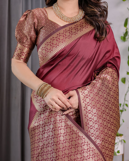 Wine Maroon Banarasi Soft Silk Saree With Elegant Gold Zari for Women