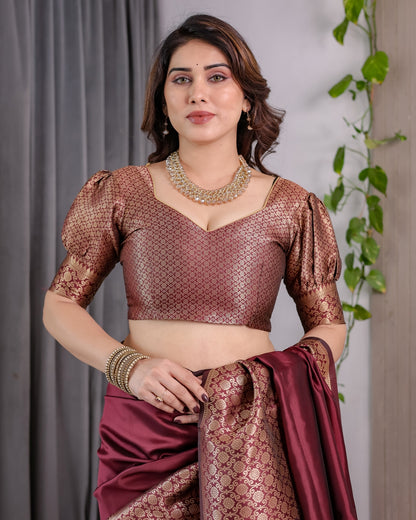 Wine Maroon Banarasi Soft Silk Saree With Elegant Gold Zari for Women
