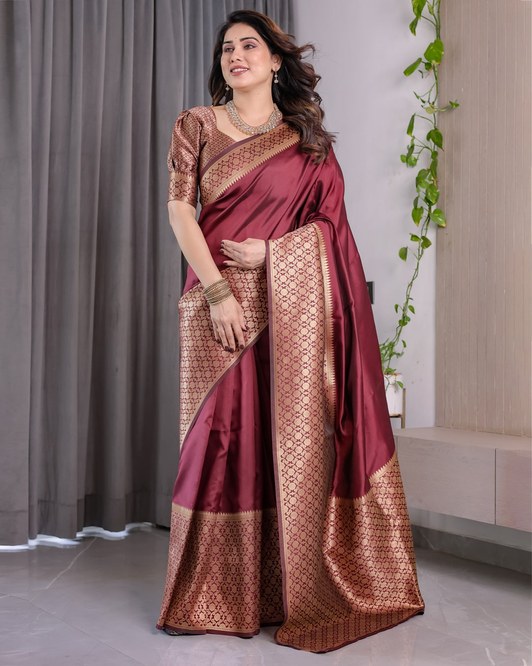Wine Maroon Banarasi Soft Silk Saree With Elegant Gold Zari for Women