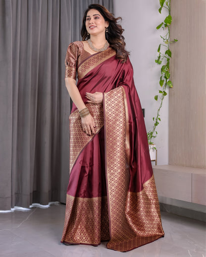 Wine Maroon Banarasi Soft Silk Saree With Elegant Gold Zari for Women