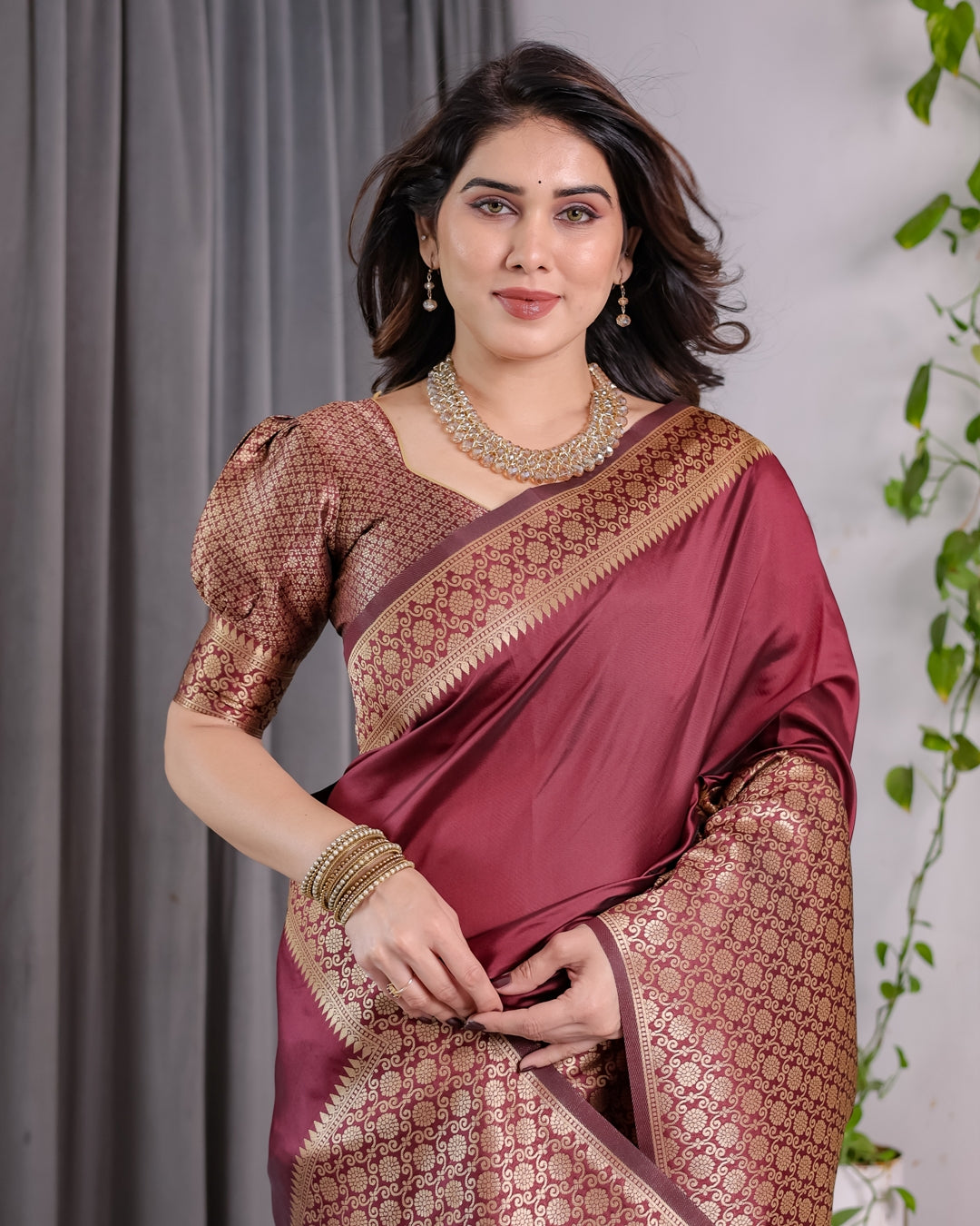Wine Maroon Banarasi Soft Silk Saree With Elegant Gold Zari for Women
