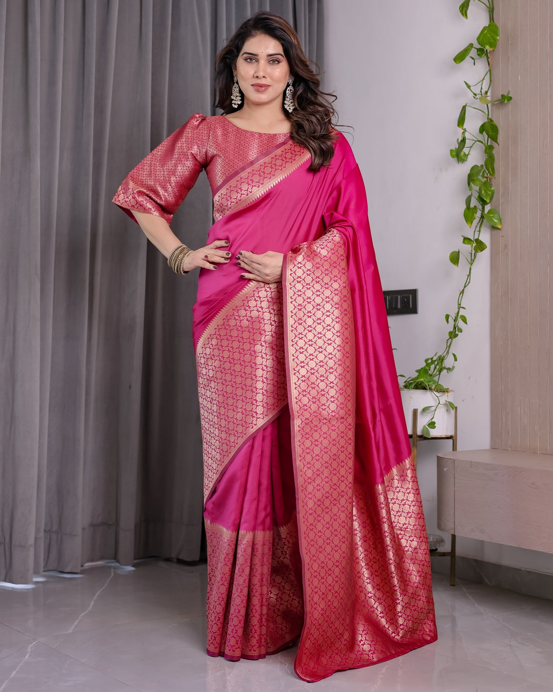 Rani Pink Banarasi Soft Silk Saree With Elegant Golden Zari for Women