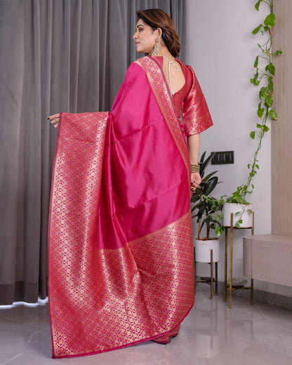 Rani Pink Banarasi Soft Silk Saree With Elegant Golden Zari for Women