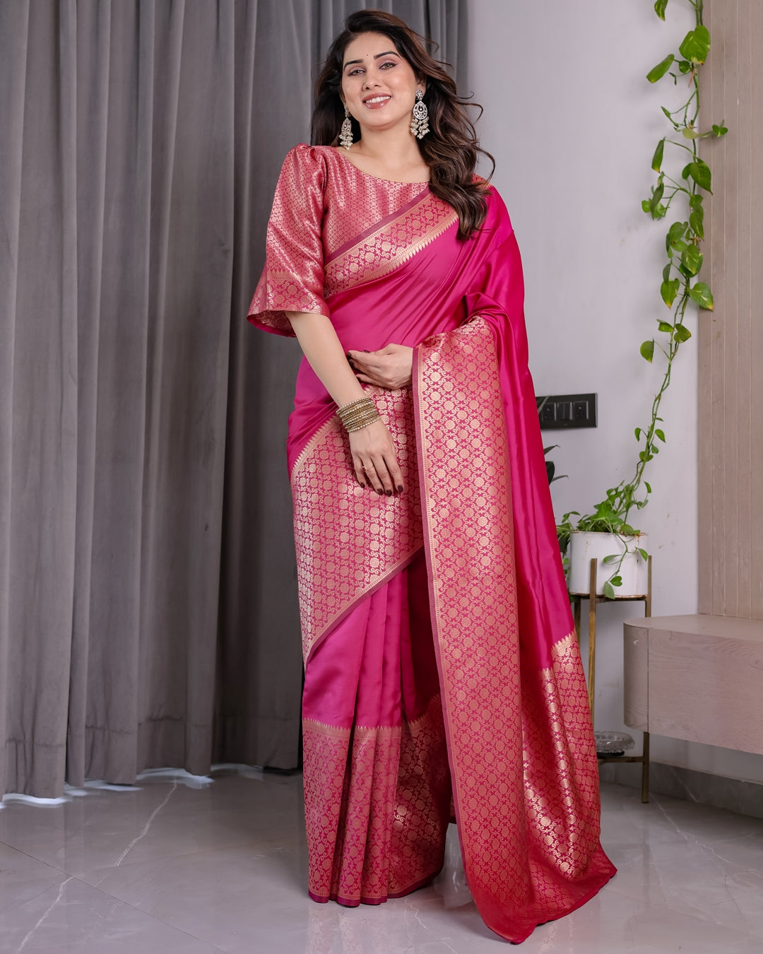 Rani Pink Banarasi Soft Silk Saree With Elegant Golden Zari for Women