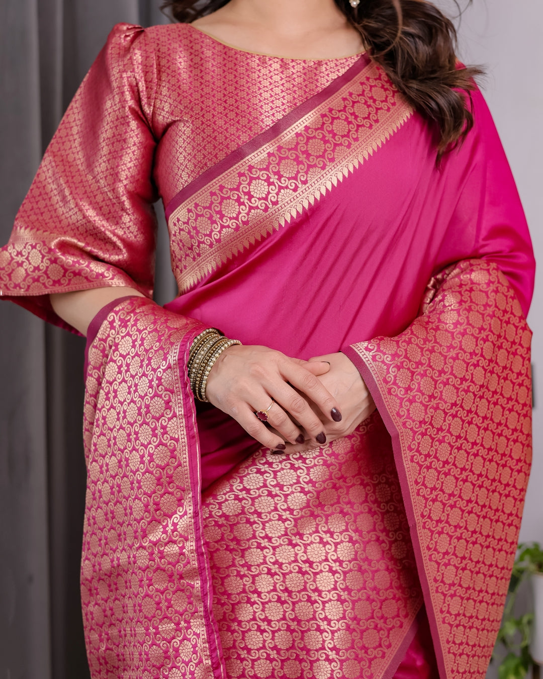 Rani Pink Banarasi Soft Silk Saree With Elegant Golden Zari for Women