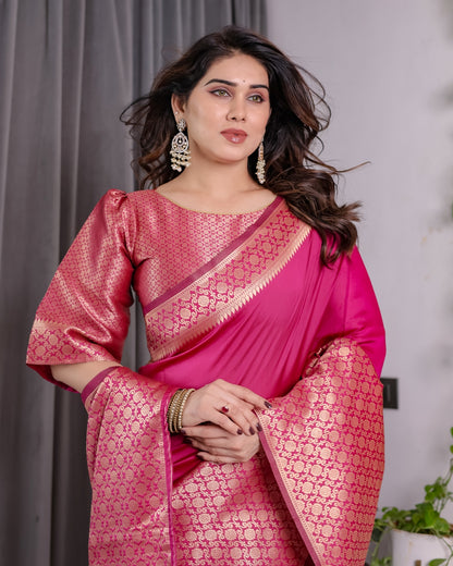 Rani Pink Banarasi Soft Silk Saree With Elegant Golden Zari for Women