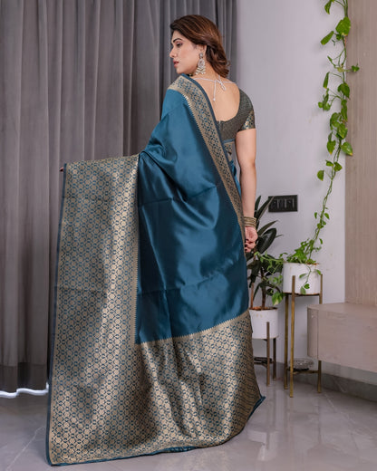 Teal Blue Banarasi Soft Silk Saree With Elegant Golden Zari for Women