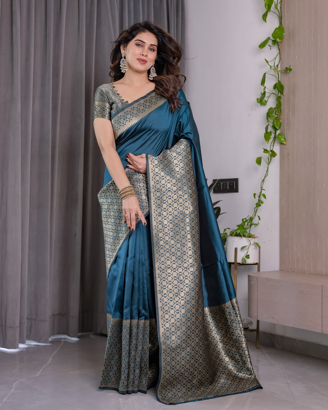 Teal Blue Banarasi Soft Silk Saree With Elegant Golden Zari for Women