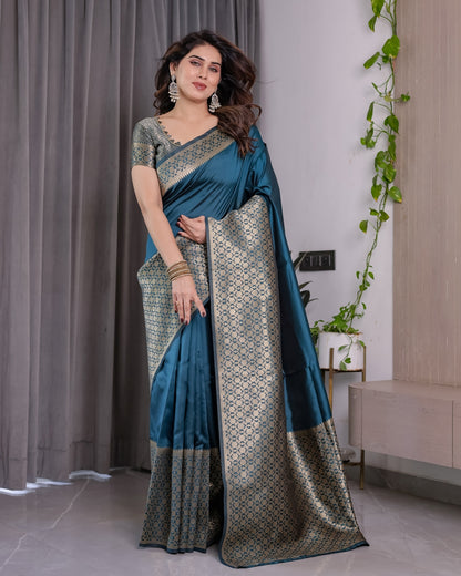 Teal Blue Banarasi Soft Silk Saree With Elegant Golden Zari for Women
