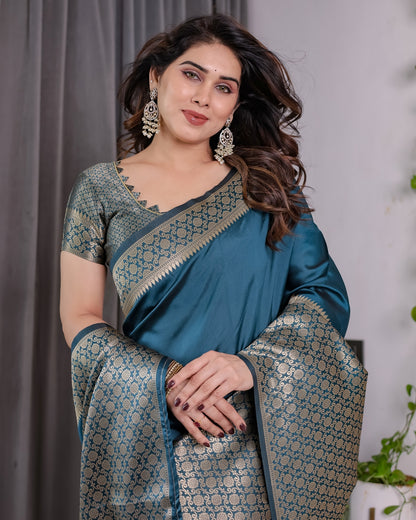 Teal Blue Banarasi Soft Silk Saree With Elegant Golden Zari for Women