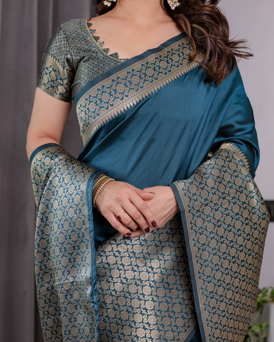 Teal Blue Banarasi Soft Silk Saree With Elegant Golden Zari for Women