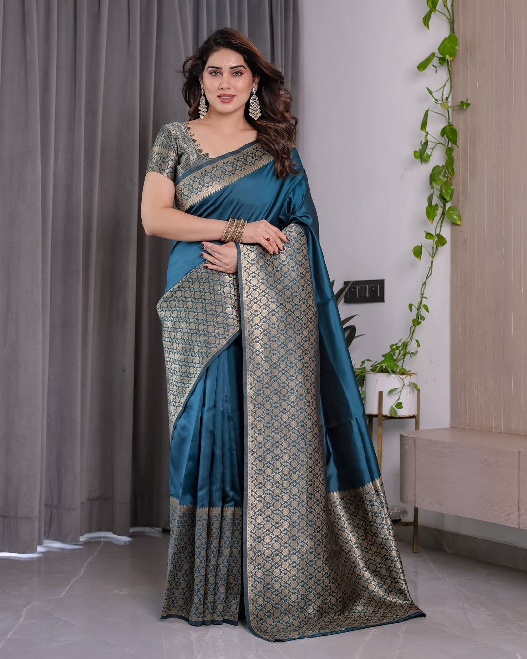 Teal Blue Banarasi Soft Silk Saree With Elegant Golden Zari for Women