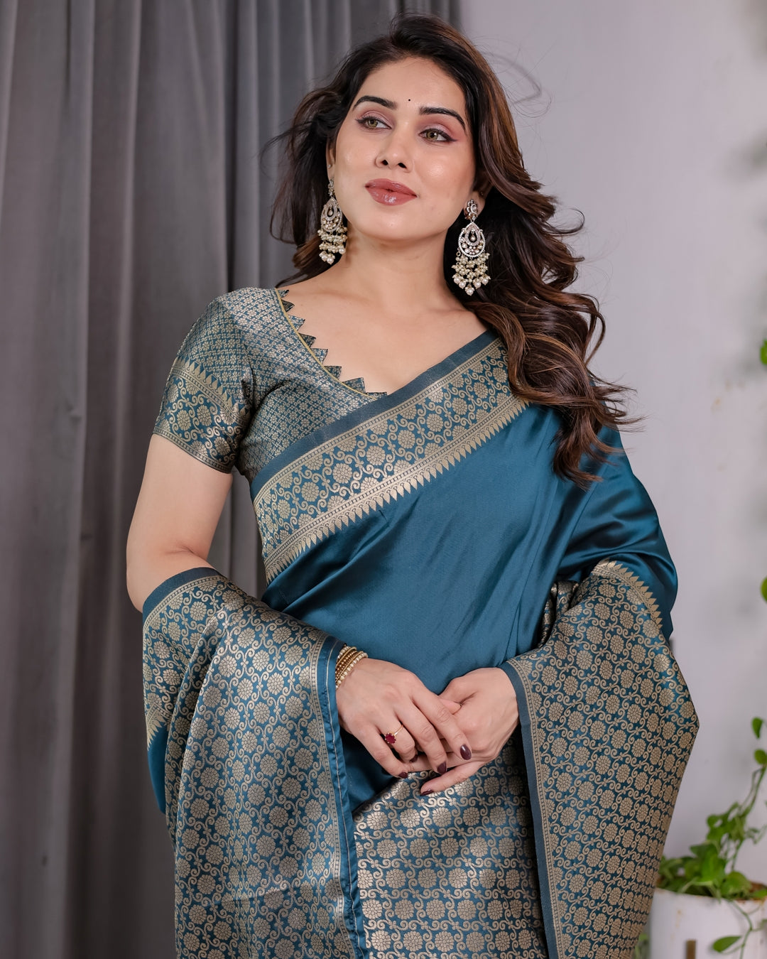 Teal Blue Banarasi Soft Silk Saree With Elegant Golden Zari for Women