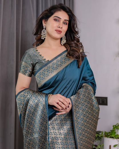 Teal Blue Banarasi Soft Silk Saree With Elegant Golden Zari for Women