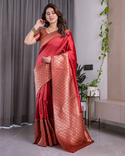 Coral Red Banarasi Soft Silk Saree With Golden Zari Borders 2