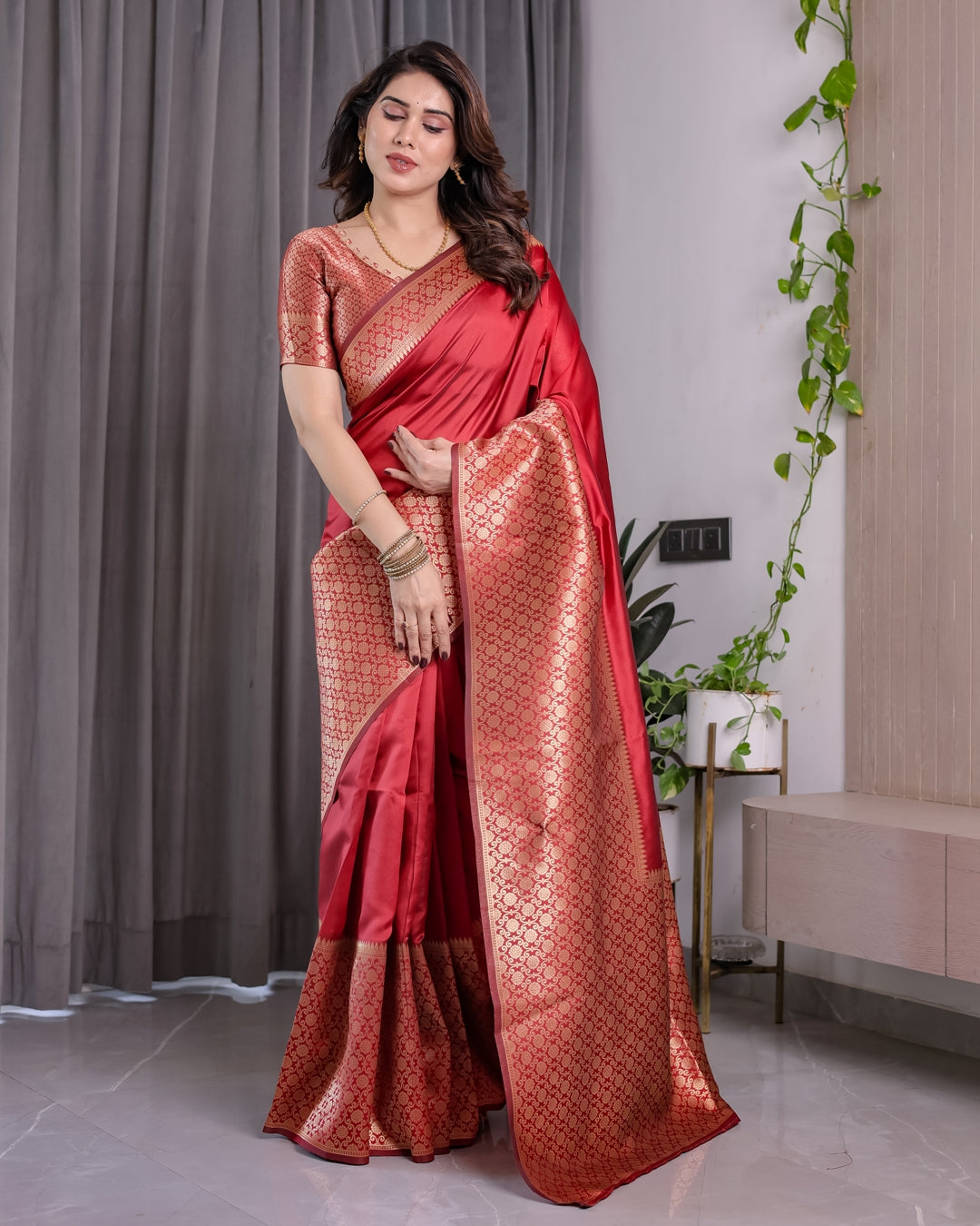 Coral Red Banarasi Soft Silk Saree With Golden Zari Borders 2