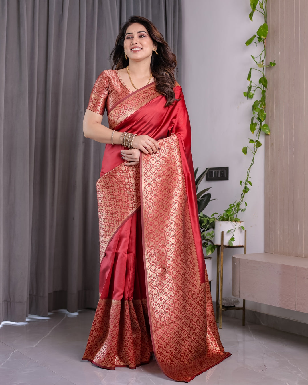 Coral Red Banarasi Soft Silk Saree With Golden Zari Borders 2