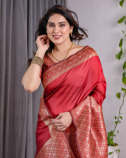 Coral Red Banarasi Soft Silk Saree With Golden Zari Borders 2