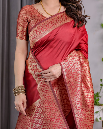 Coral Red Banarasi Soft Silk Saree With Golden Zari Borders 2