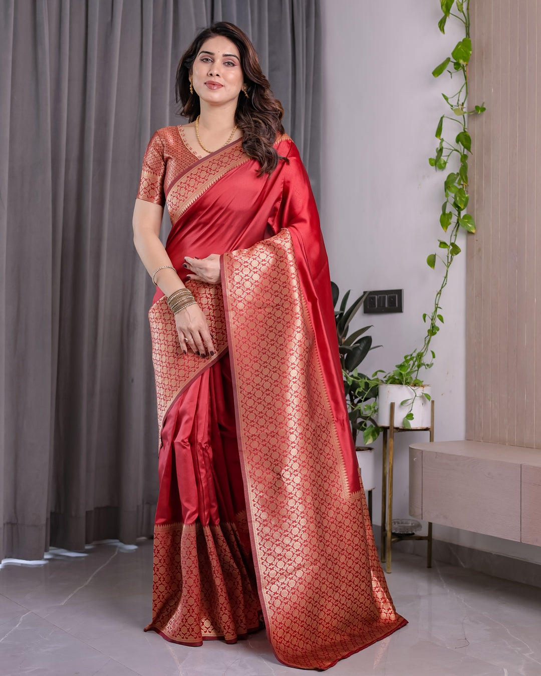 Coral Red Banarasi Soft Silk Saree With Golden Zari Borders 2