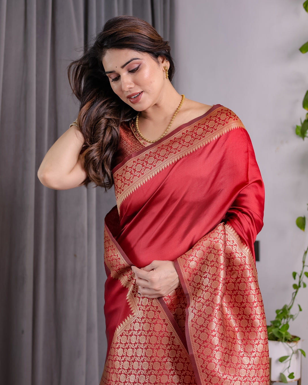 Coral Red Banarasi Soft Silk Saree With Golden Zari Borders 2