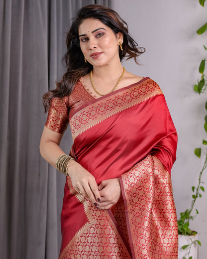 Coral Red Banarasi Soft Silk Saree With Golden Zari Borders 2