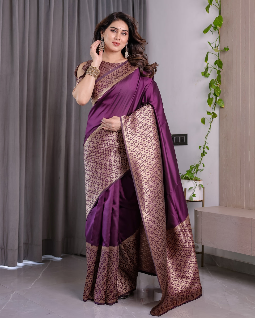 Royal Purple Banarasi Soft Silk Saree With Rich Zari Border for Women