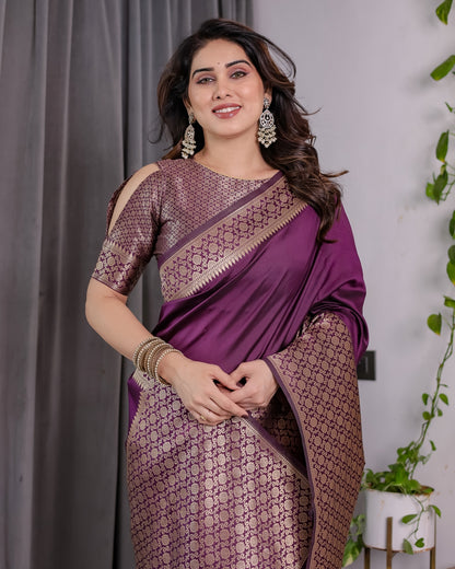 Royal Purple Banarasi Soft Silk Saree With Rich Zari Border for Women
