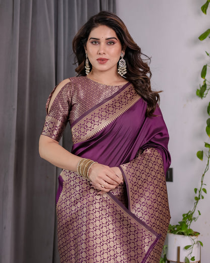 Royal Purple Banarasi Soft Silk Saree With Rich Zari Border for Women