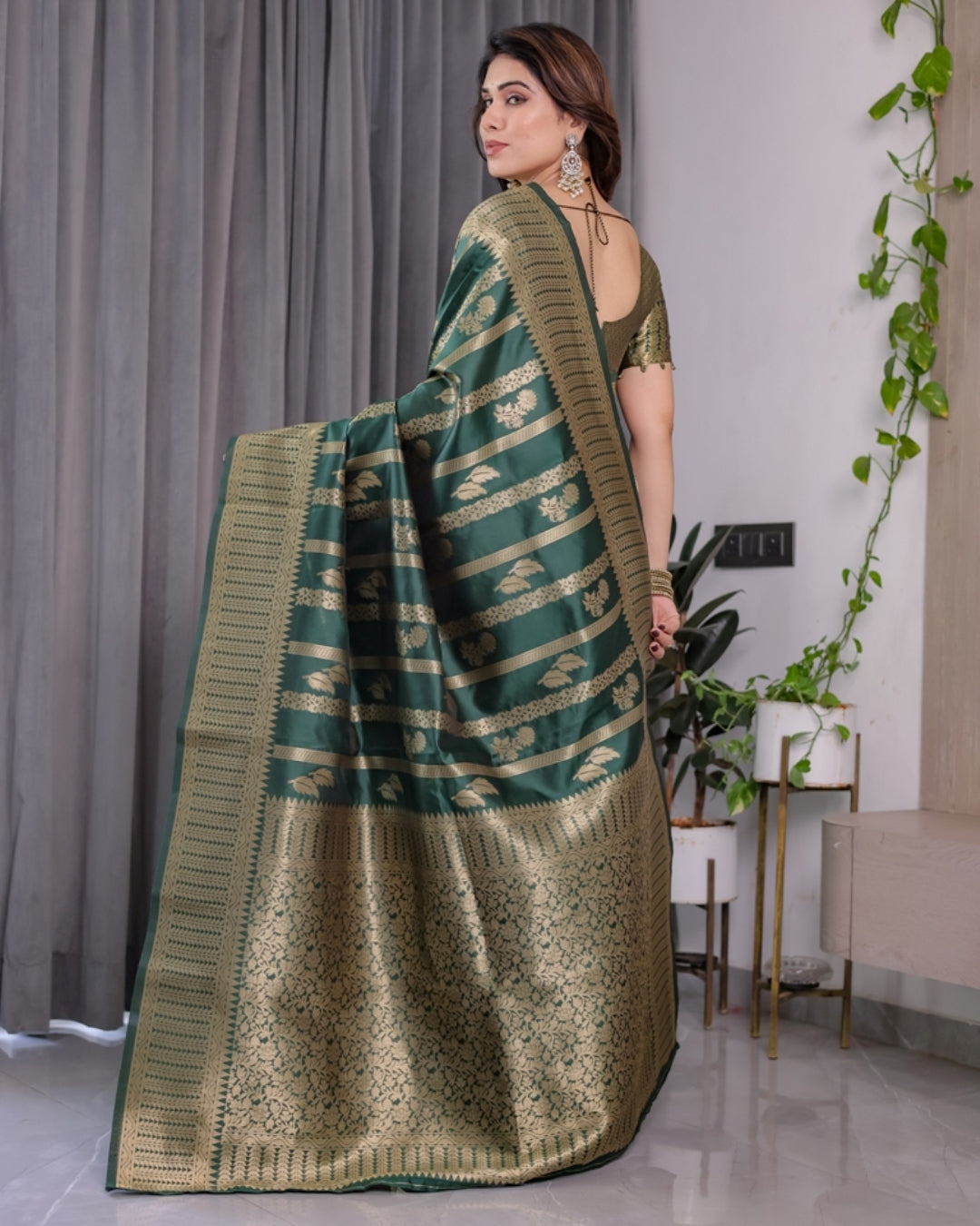 Teal Green Banarasi Soft Silk Saree With Golden Zari Border for Women