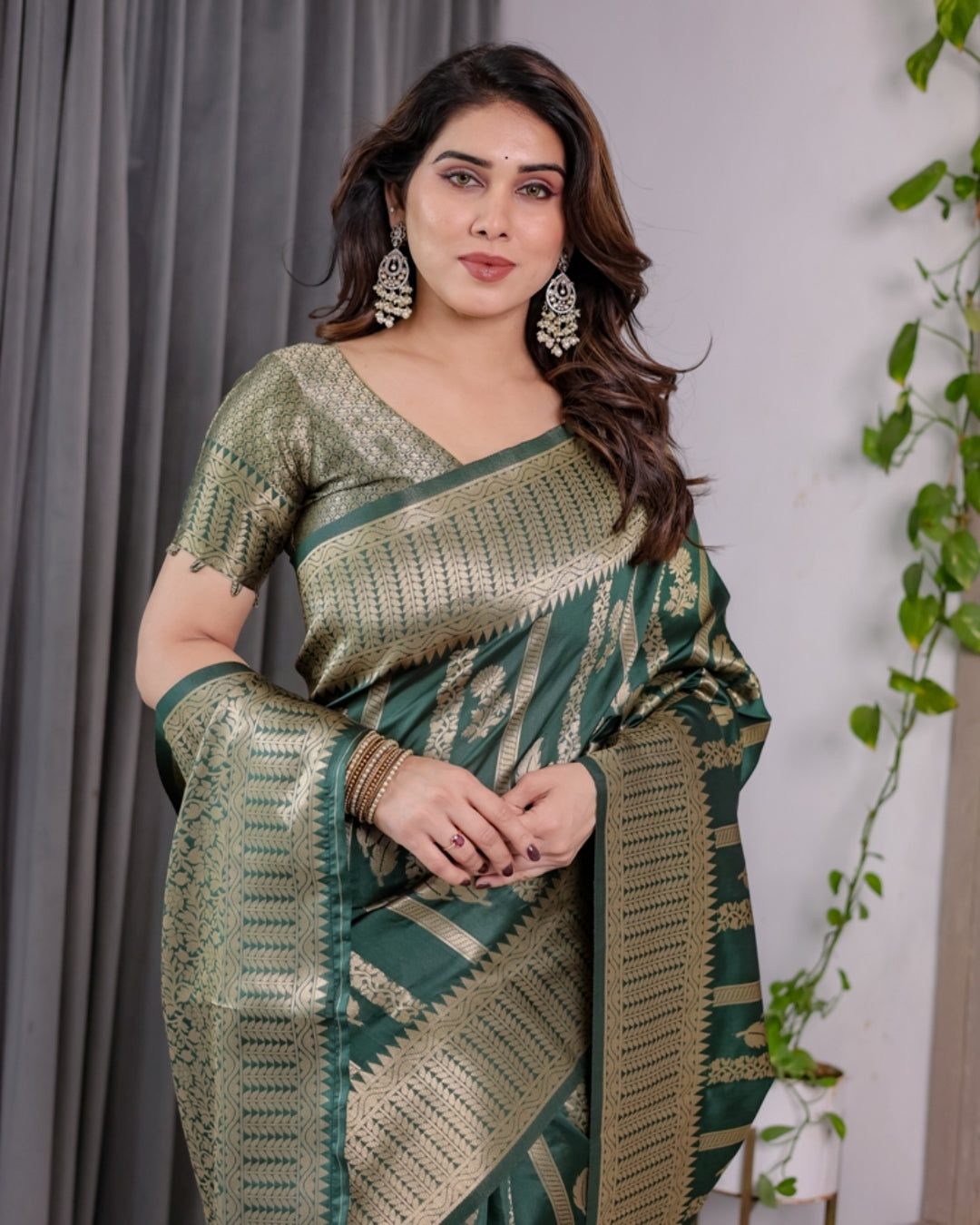 Teal Green Banarasi Soft Silk Saree With Golden Zari Border for Women