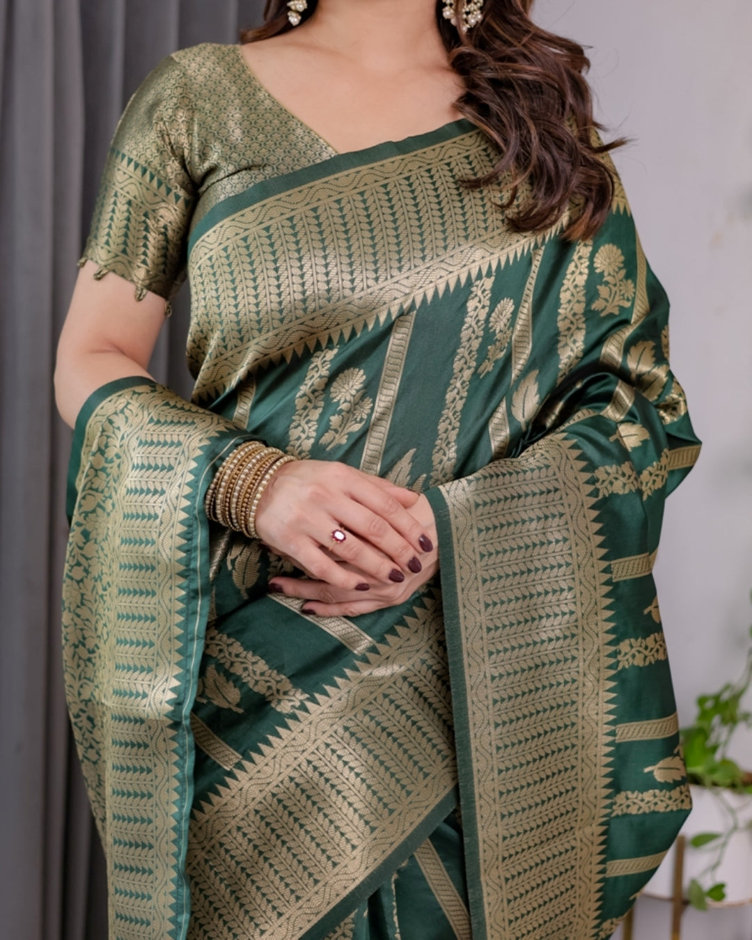 Teal Green Banarasi Soft Silk Saree With Golden Zari Border for Women
