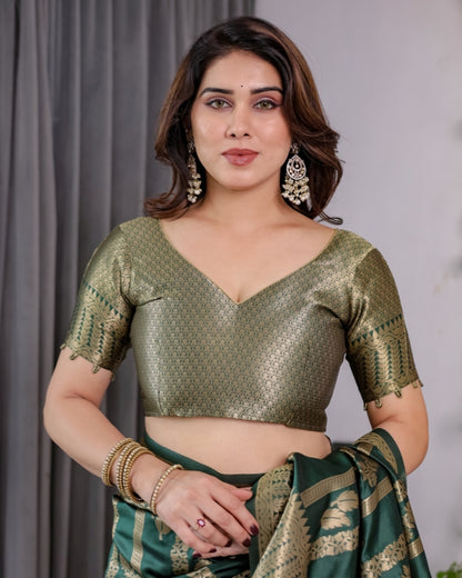 Teal Green Banarasi Soft Silk Saree With Golden Zari Border for Women