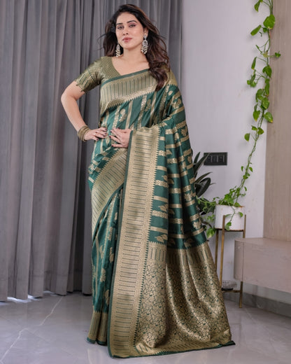 Teal Green Banarasi Soft Silk Saree With Golden Zari Border for Women