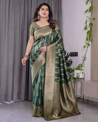 Teal Green Banarasi Soft Silk Saree With Golden Zari Border for Women