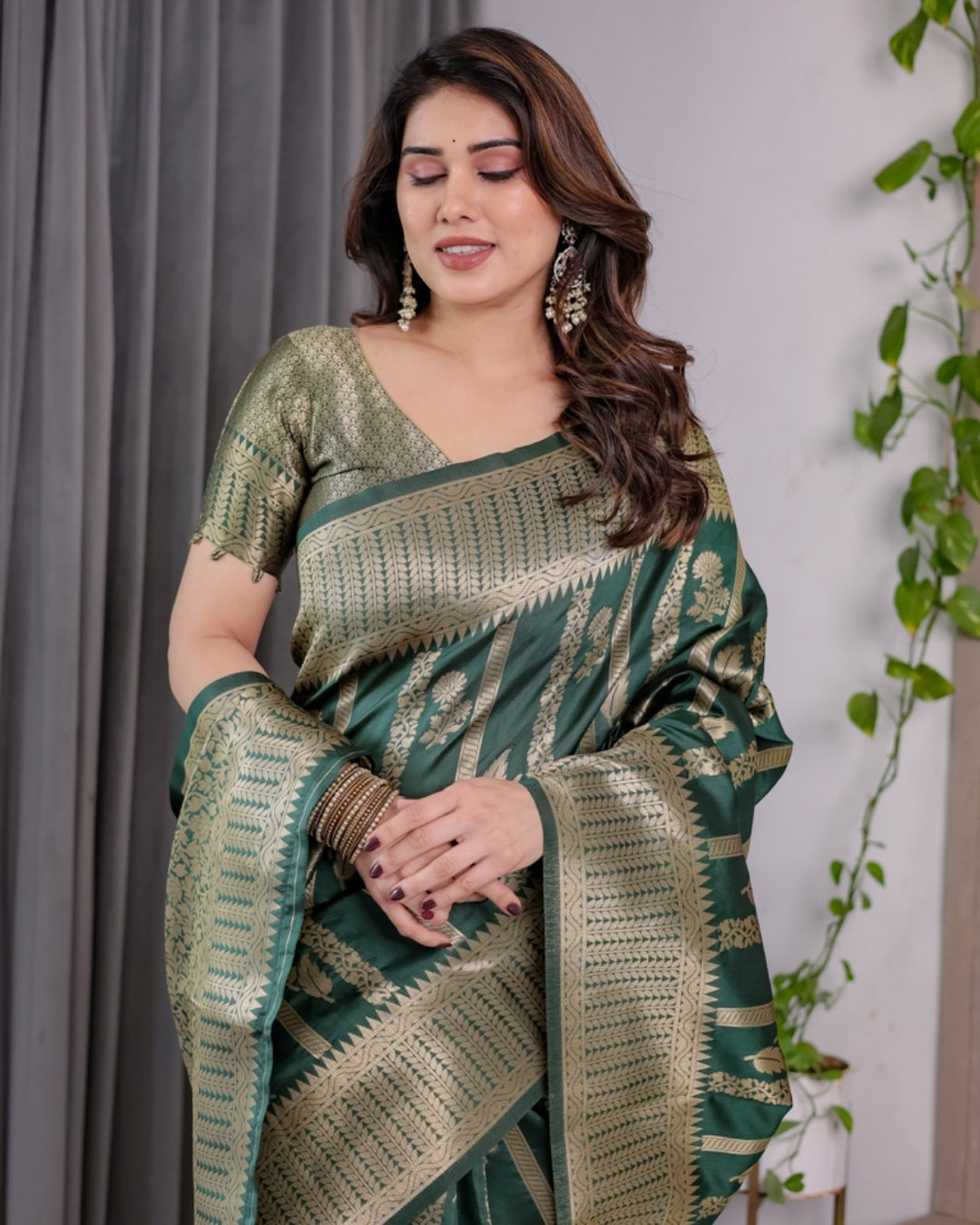 Teal Green Banarasi Soft Silk Saree With Golden Zari Border for Women
