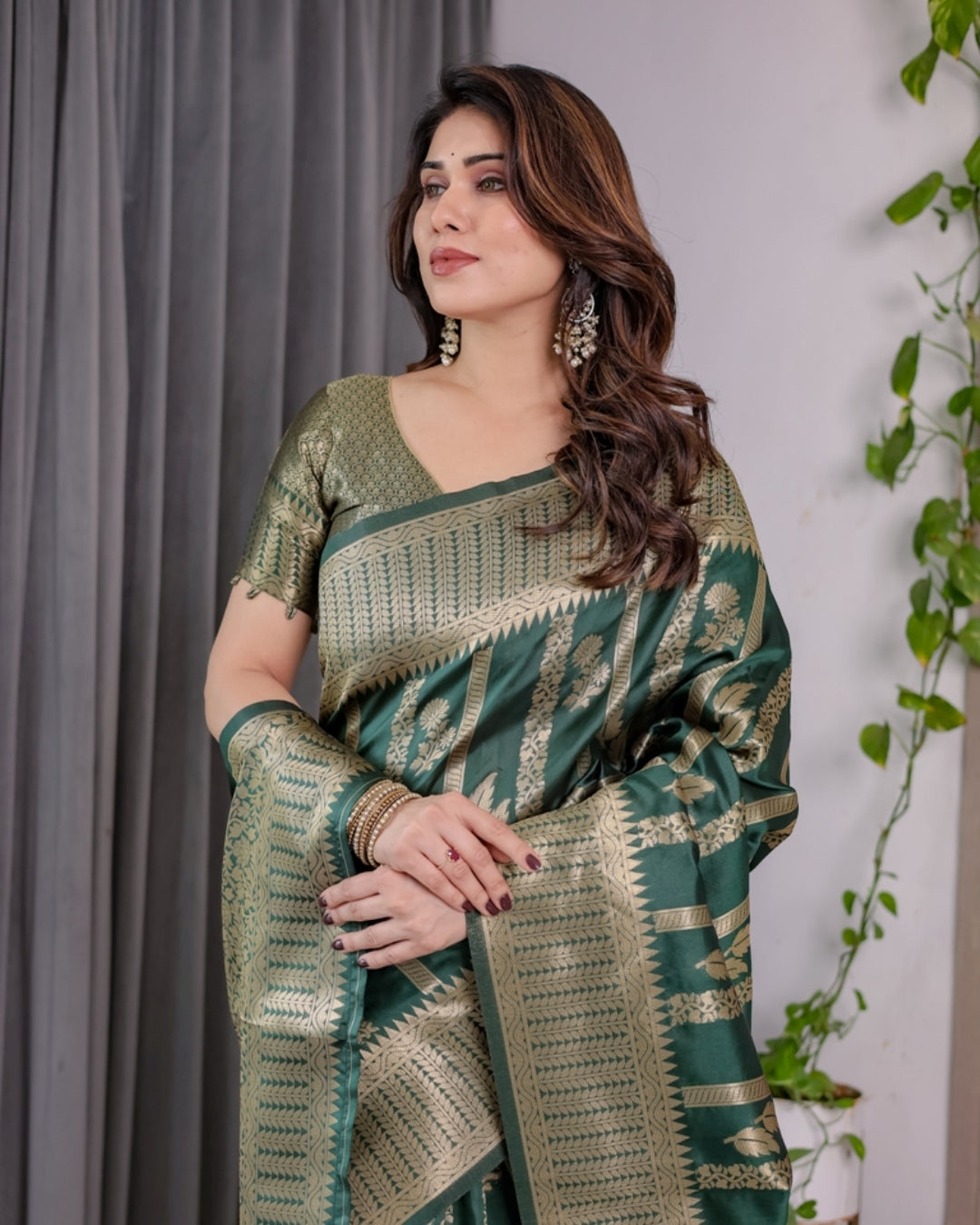 Teal Green Banarasi Soft Silk Saree With Golden Zari Border for Women